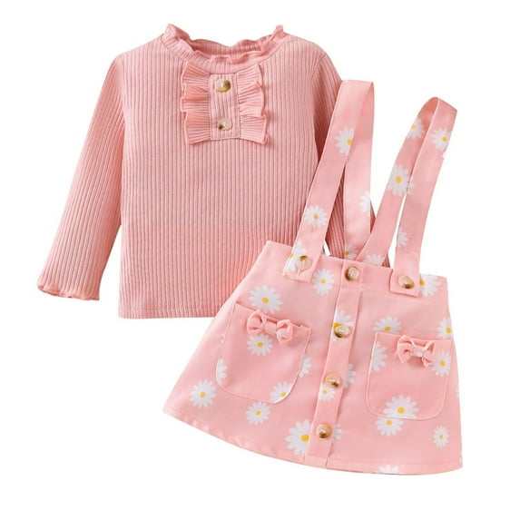 Odeerbi 6M-4Y Toddler Girls Cotton Outfits Rib Knit Long Sleeve Tops with Daisy Print Suspender Skirt Two-piece Set Solid Color Floral Skirt Set Toddler Girls Clothes