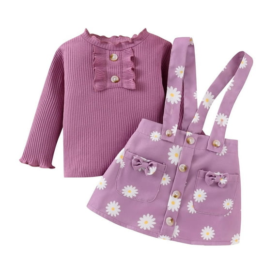 Odeerbi 6M-4Y Toddler Girls Cotton Outfits Rib Knit Long Sleeve Tops with Daisy Print Suspender Skirt Two-piece Set Solid Color Floral Skirt Set Toddler Girls Clothes