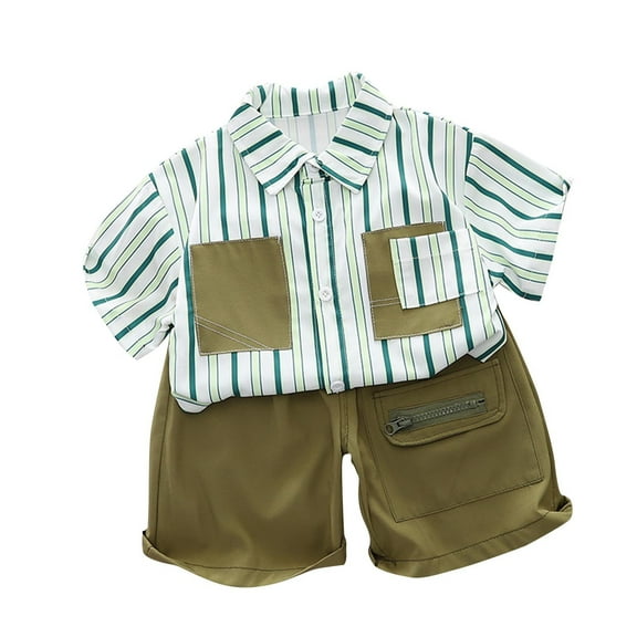 Odeerbi 6M-5Y Infant Boys Summer Outfits Striped Cotton Short Sleeve Shirt Shorts Set Color Block Shorts Two-piece Set Infant Boys Clothes