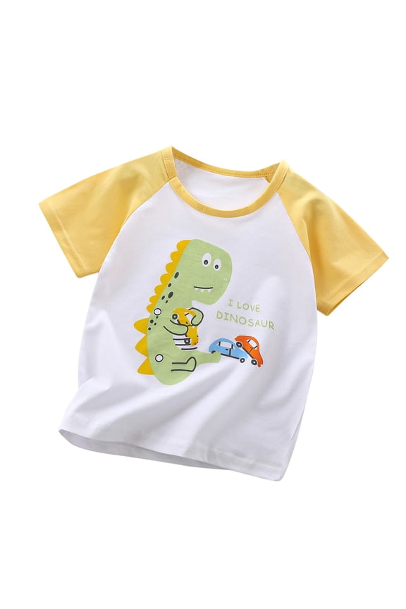 6M-6Y Infant Boys Girls Cotton Baseball Tee Shirt Dinosaur Graphic Raglan Shirts Cute Printed Round Neck Short Sleeve Tops Yellow