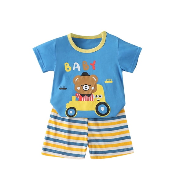 Odeerbi 6M-6Y Toddler Boys Girls Summer Outfits Car Print Cotton Short Sleeve T-Shirt Striped Shorts Two-piece Set Casual Elastic Waist Loungewear Toddler Boys Girls Clothes