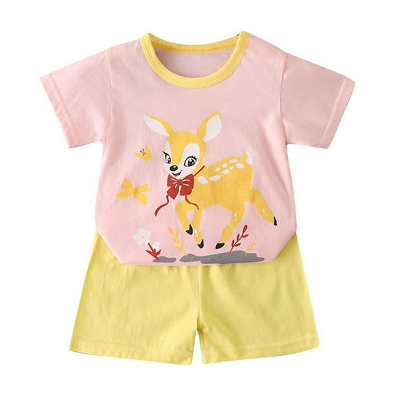 Odeerbi 6M-6Y Toddler Boys Girls Summer Outfits Cute Print Cotton Short Sleeve T-Shirt Shorts Two-piece Set Casual Elastic Waist Loungewear Toddler Boys Girls Clothes