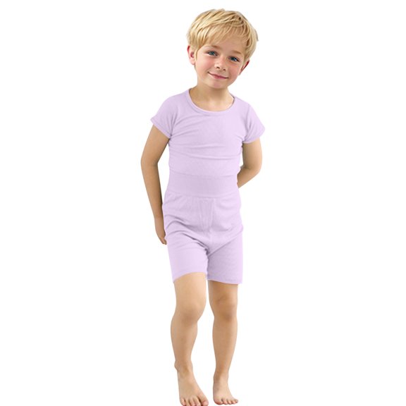 Odeerbi 6M-7Y Toddler Boys Girls Summer Pajamas Rib Knit Outfits Short Sleeve Tops High Waisted Shorts Two-piece Pajama Set Solid Color Loungewear Toddler Boys Girls Clothes