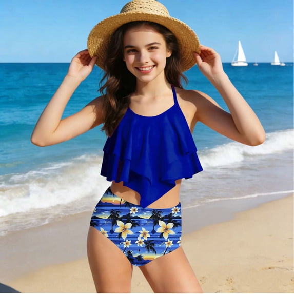 Odeerbi 7-14 Years Kids Teen Girls 2-Piece Bikini Set Summer Beach Tiered Ruffle Swimsuit Solid Color Cute Bathing Suit
