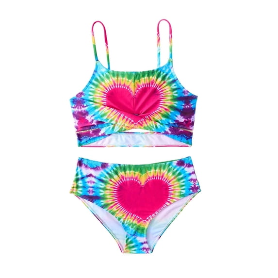Odeerbi 7-14 Years Kids Teen Girls 2-Piece Bikini Set Tie-Dye Heart Print Beach Swimsuit Summer Cute Bathing Suit
