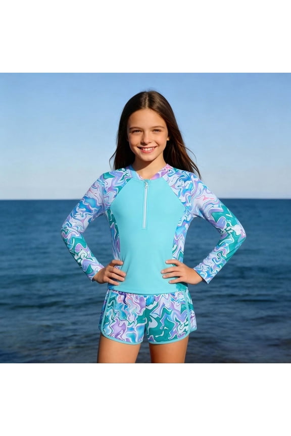 7-14 Years Kids Teen Girls 2-Piece Long Sleeve Rash Guard Set Hawaiian UPF 50+ Quick Dry Surfing Swimsuit with Boyshorts