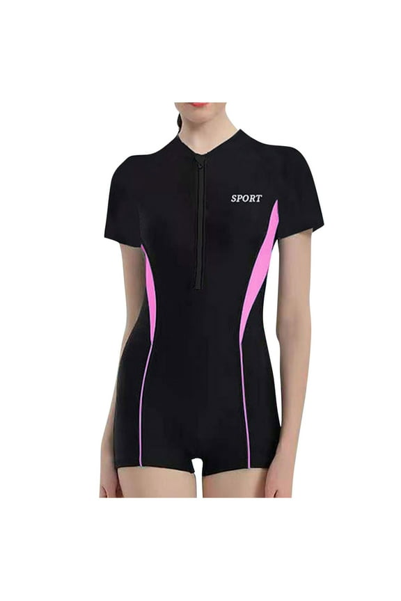 7-15 Years Kids Girls One Piece Athletic Training Swimsuit Summer Beach Surfing Swimsuit Cute Beachwear Solid Color Zipper Short Sleeve Rash Guard Swim Suit