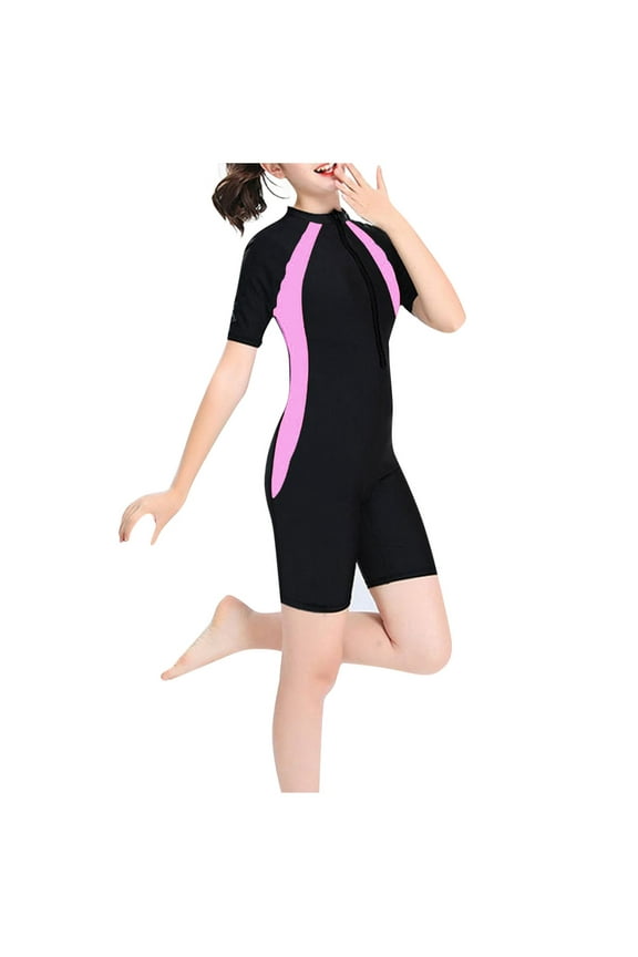 7-15 Years Teen Girls One Piece Athletic Training Swimsuit Summer Beach Surfing Swimsuit Cute Beachwear Solid Color Zipper Short Sleeve Rash Guard Swim Suit