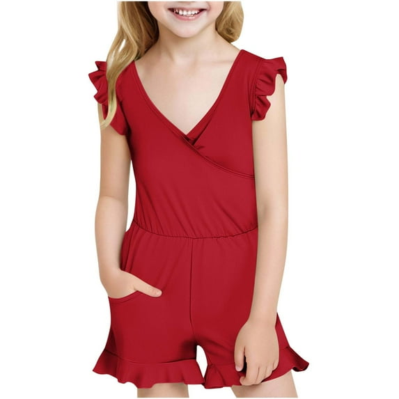 Odeerbi 7-16 Years Kids Girls One Piece Swimsuit Summer Beach Hawaiian Ruffle Beachwear Bathing Suit Solid Color Padded Swim Jumpsuit with Pocket