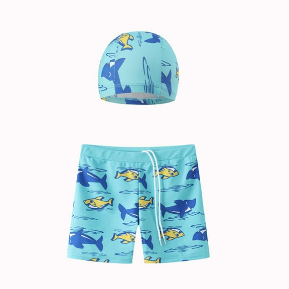 Odeerbi 7-16 Years Teen Boys Beach Swim Trunks with Swim Cap Set Hawaiian Print Swimming Trunks Quick Drying Swimsuit Shorts Fashion Summer Swim Shorts Two-piece Set