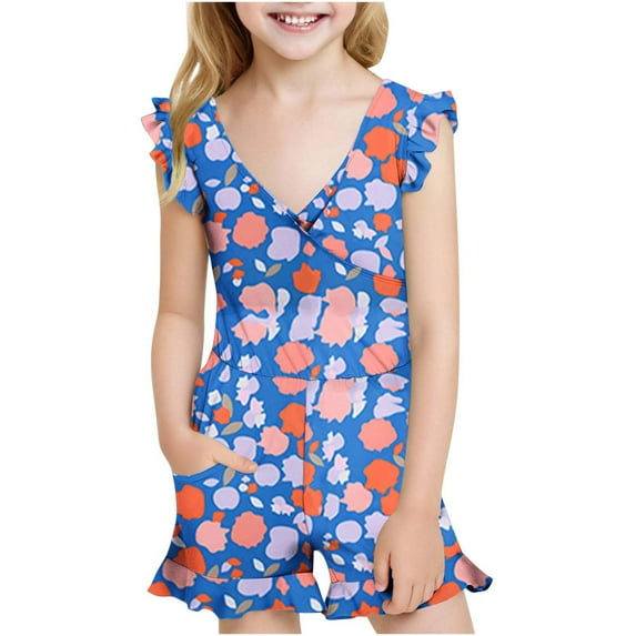 Odeerbi 7-16 Years Teen Girls One Piece Swimsuit Summer Beach Hawaiian Ruffle Beachwear Floral Bathing Suit Padded Swim Jumpsuit with Pocket