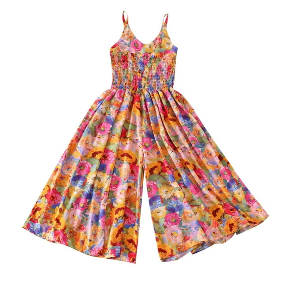 Odeerbi 7-18 Years Kids Girls Summer Floral Rompers Cotton Wide Leg Jumpsuit Spring Silk French Vacation Style Suspender Overall Pants