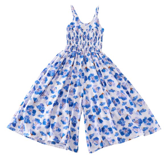 Odeerbi 7-18 Years Kids Girls Summer Floral Rompers Cotton Wide Leg Jumpsuit Spring Silk French Vacation Style Suspender Overall Pants