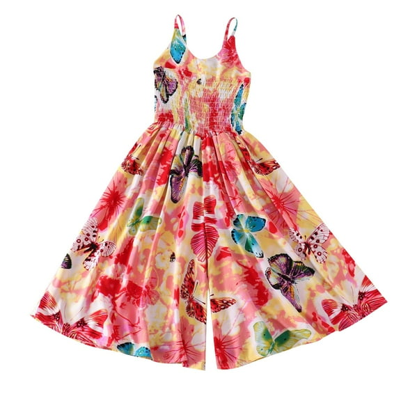 Odeerbi 7-18 Years Kids Girls Summer Floral Rompers Cotton Wide Leg Jumpsuit Spring Silk French Vacation Style Suspender Overall Pants