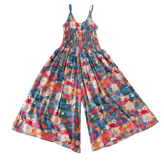Odeerbi 7-18 Years Teen Girls Summer Floral Rompers Cotton Wide Leg Jumpsuit Spring Silk French Vacation Style Suspender Overall Pants