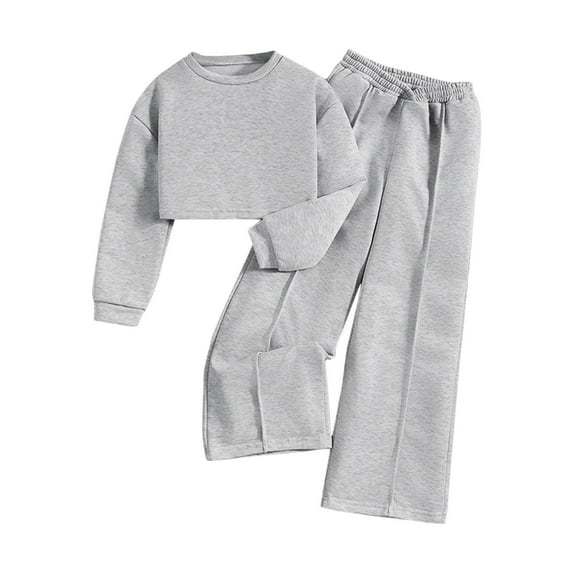 Odeerbi 8-12 Years Kids Girls Cotton Outfits Long Sleeve Cropped Sweatshirt Wide Leg Sweatpants Two-piece Set Solid Color Casual Loungewear Kids Girls Clothes
