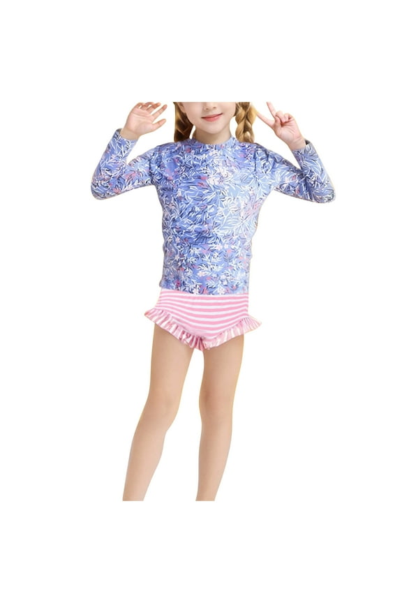 8-12 Years Kids Girls Long Sleeve Rash Guard Swimsuits Summer Beach Two Pieces Athletic Training Swimsuit Hawaiian Surfing Swimwear Sunscreen Seaside Bikini Bottom Set