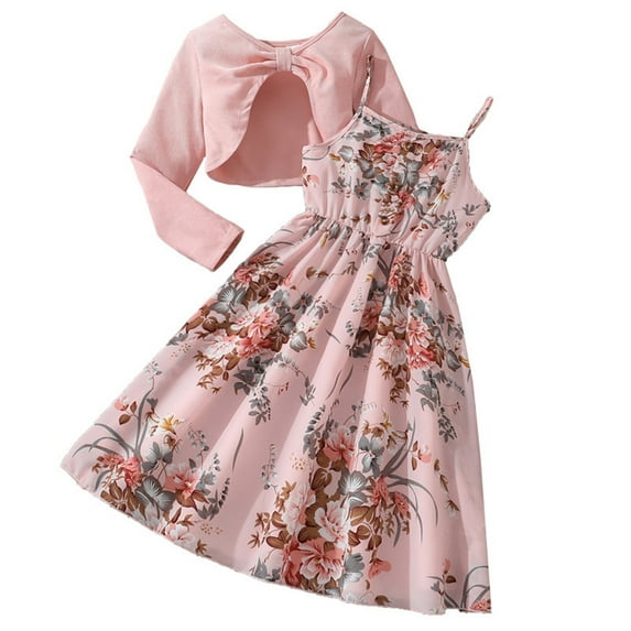 Odeerbi 8-12 Years Teen Girls Summer Outfits Floral Slip Dress with Cotton Bolero Shrugs Two-piece Set Sleeveless Dress Knitted Cardigan Set Teen Girls Clothes