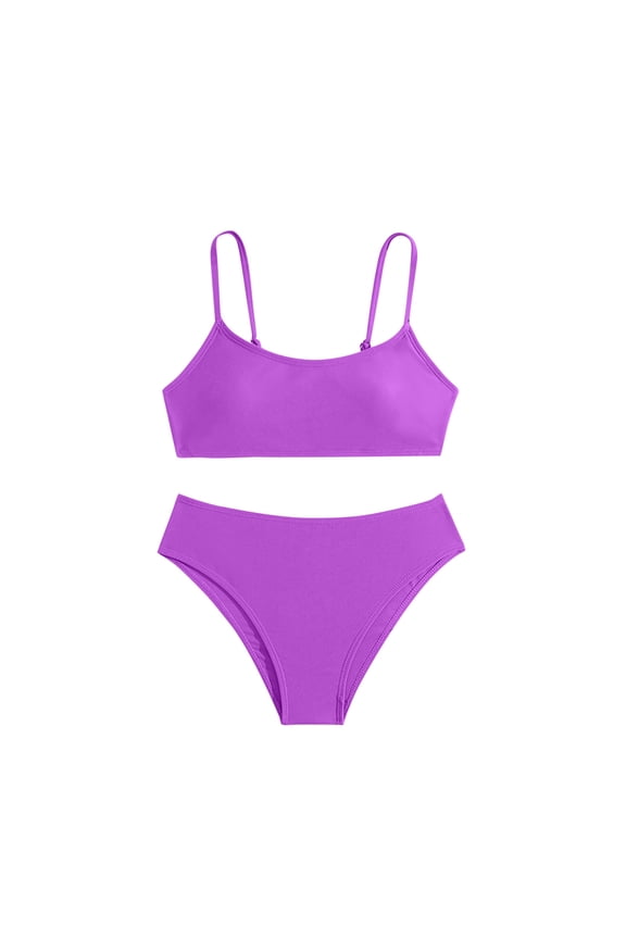 8-14 Years Teen Girls Summer Beach String Bikini Swimsuit Hawaiian Beachwear Solid Color Bathing Suit Two Piece Swimwear Set