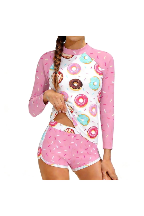8-15 Years Kids Teen Girls Summer 2-Piece UPF 50+ Long Sleeve Rash Guard Set Cute Print Quick Dry Surfing Swimsuit with Boyshorts