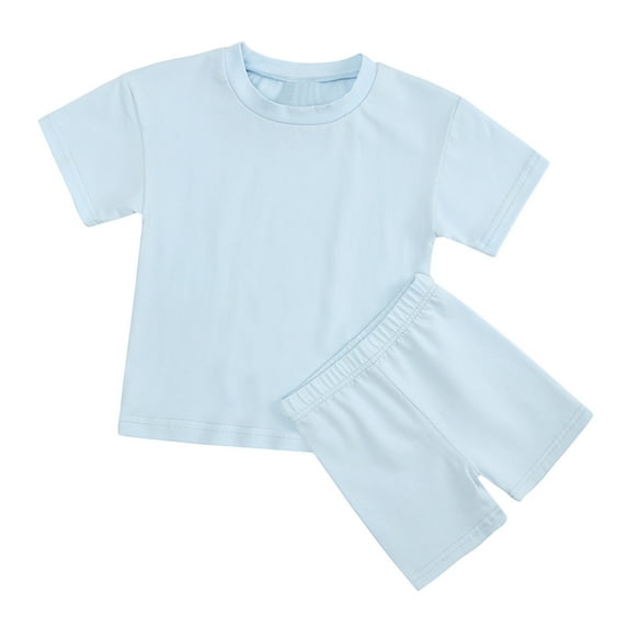 Odeerbi 9M-13Y Toddler Girls 2 Pieces Summer Outfits Cotton Pajama Sets Summer Suit Candy Color Short Sleeve Shorts Two-piece Sports Suit Baby Clothes Light Blue