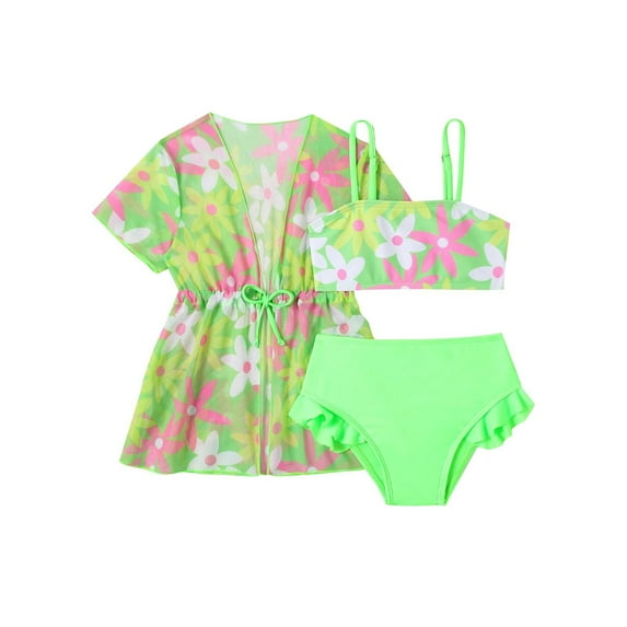 Odeerbi 9M-3Y Toddler Girls Beach String Bikini with Kimono Cover Up Set Floral Print Swimsuit Hawaiian Beachwear Sunscreen Drawstring Waist Coverups Three Piece Bathing Suit Set