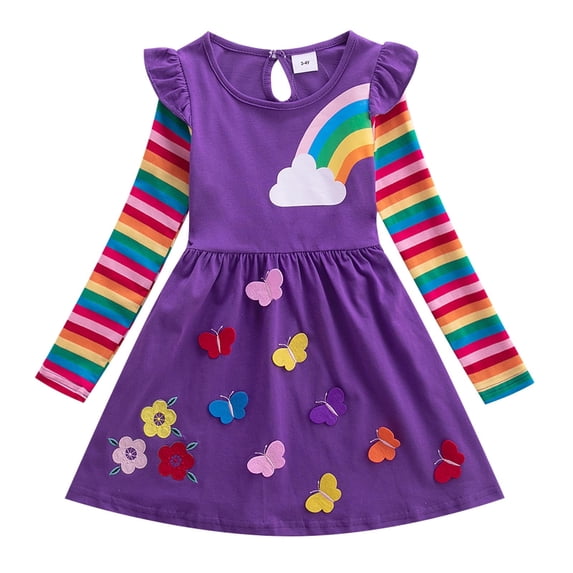 Odeerbi Autumn Children's Girl's Clothing 2024 Long Sleeve Flower Butterfly Embroidery Rainbow Dress