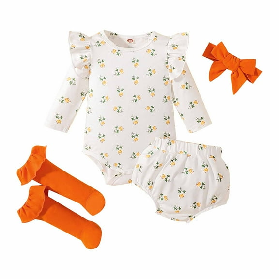 Odeerbi Baby Bodysuit Layette Set Onesie for Toddler Fall Spring Girls Boys Cute Romper 2025 Long Sleeve Button Sweatshirt Jumpsuits Headband Shorts Sock Suit Orange
