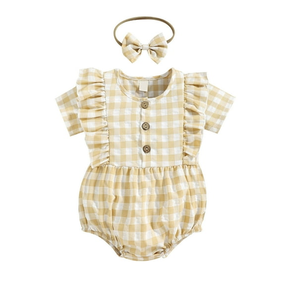 Odeerbi Baby Bodysuit Layette Set Onesie for Toddler Girls 2025 Fashion Cute Lattice Print Ruffles Flying Sleeve Romper Bow Headdress Suit Yellow