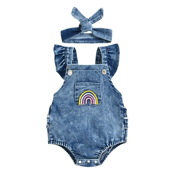 Odeerbi Baby Bodysuit Layette Set for Toddler Infant Girls Sleeveless Jumpsuit Denim Rainbow Print Romper Headband 2pcs Set Blue