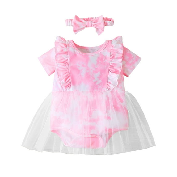 Odeerbi Baby Boy Girl Clothes Baby Romper Infant Short Sleeve Rainbow Tie-Dyed Tulle Bodysuit+Headbands
