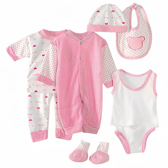 Odeerbi Baby Boy Girl Clothes 8PCS Layette Set Newborn Tops+Hat+Pants+Bib+Sock Shose+Romper
