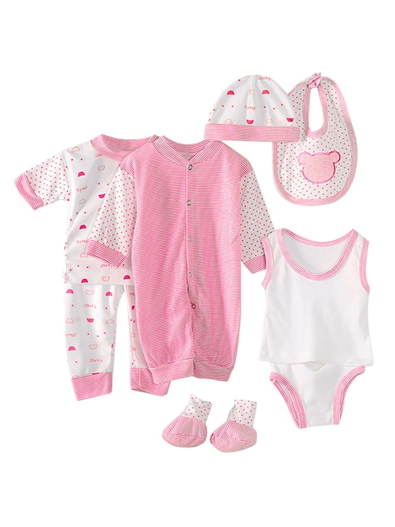 Baby Boy Girl Clothes 8PCS Layette Set Newborn Tops+Hat+Pants+Bib+Sock Shose+Romper