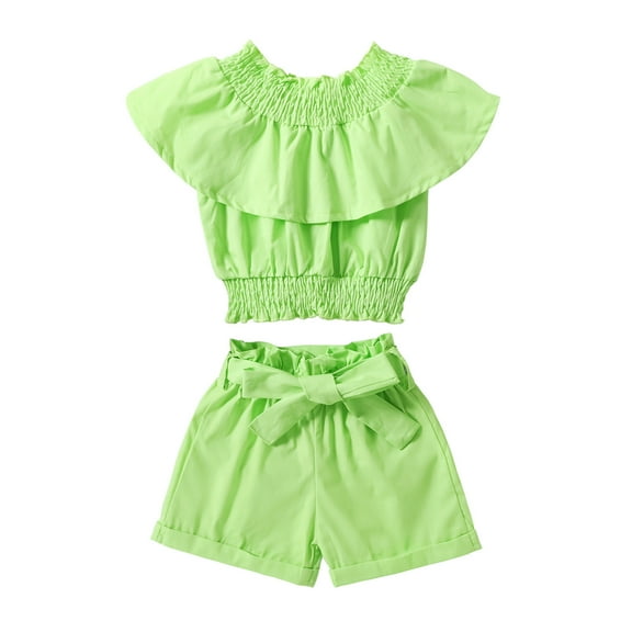 Odeerbi Baby Boy Girl Clothes Toddler Outfit 2025 Fashion Cute Solid Color Off Shoulder Ruffles Top Bow Shorts Suit Green