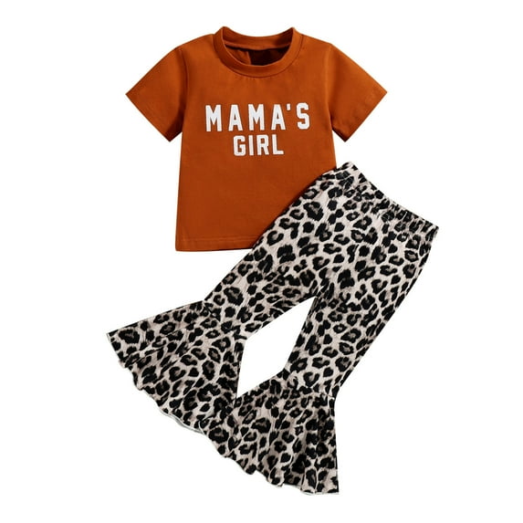 Odeerbi Baby Boy Girl Clothes Toddler Outfit Fashion Solid Color Short Sleeve Top Leopard Print Flared Pants Suit Brown
