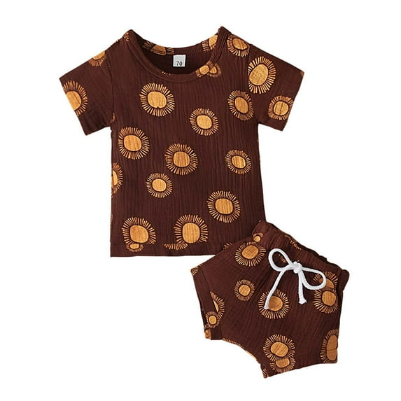 Odeerbi Baby Boy Girl Clothes Toddler Outfit Short-sleeve Rainbow Cactus Print Top Shorts Children Two-piece Set Yellow