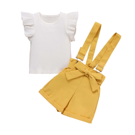 Odeerbi Baby Boy Girl Clothes Toddler Outfit Summer Flying Sleeve Strip Top Bib Two-piece Set Children's Clothing Yellow
