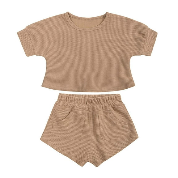Odeerbi Baby Boy Girl Clothes Toddler Outfit Summer Short-sleeved Top Shorts Two-piece Set Brown