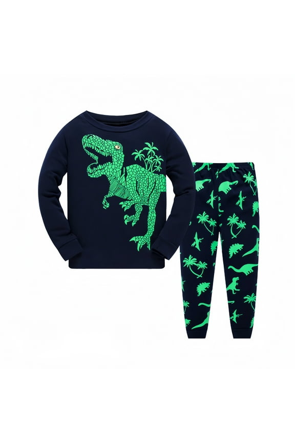 Toddler Boys Shirts Set Dinosaur Print Casual T-Shirt Shorts Set, Navy, Cotton, 6-7 Years