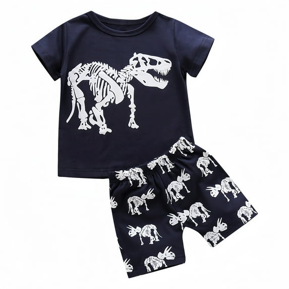 Odeerbi Baby Boys Infant Shirts Set Dinosaur Print Casual T-Shirt Shorts Set, White, Cotton, 12-18 Months