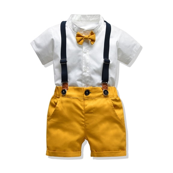 Odeerbi Baby Boys Clothes Toddler Outfit 2025 Fashion Short Sleeve Blouse Tie Solid Color Overalls Gentleman's Suit White