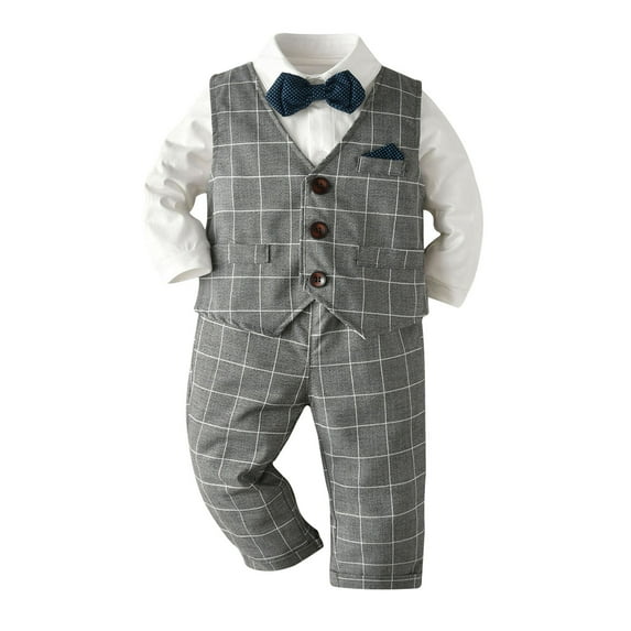 Odeerbi Baby Boys Clothes Toddler Outfit Newborn Clothes Autumn Winter Long Sleeve Suspender Trousers Set Sling Gentleman Clothes Formal Dress Suit Gray