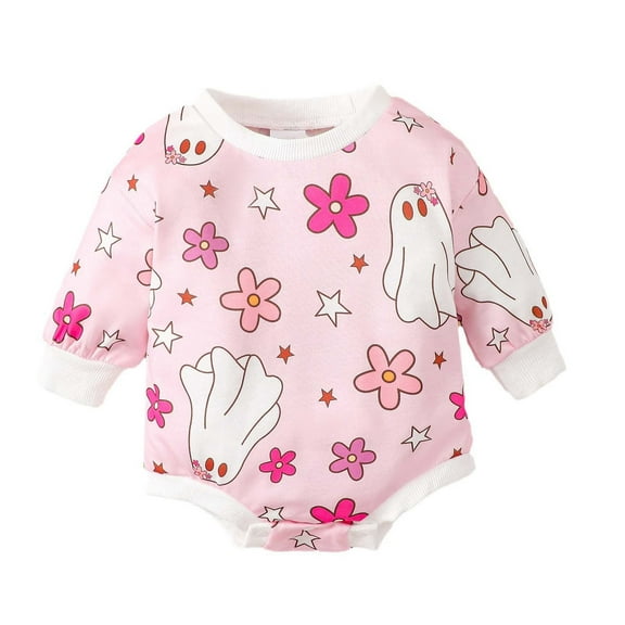 Odeerbi Baby Boys Girls Clothes Halloween Ghost Print Rompers Jumpsuits Baby Children's New Elements Pumpkin Ghost Print Long Sleeve Onesie Bodysuit Pink