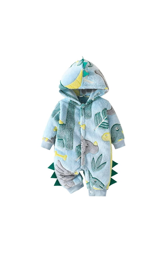 Baby Boys Girls Dinosaur Fleece Romper Jumpsuit Baby Clothes Baby Spring New Long Sleeve Hooded Bodysuits Green