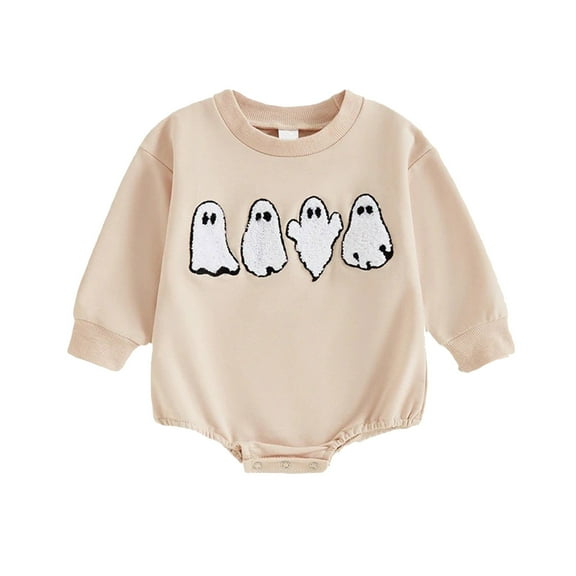 Odeerbi Baby Boys Girls Halloween Ghost Romper Fall Winter Long Sleeve Cotton Jumpsuit Kids Cute Print Casual Bodysuit Onesie Baby Clothes Beige