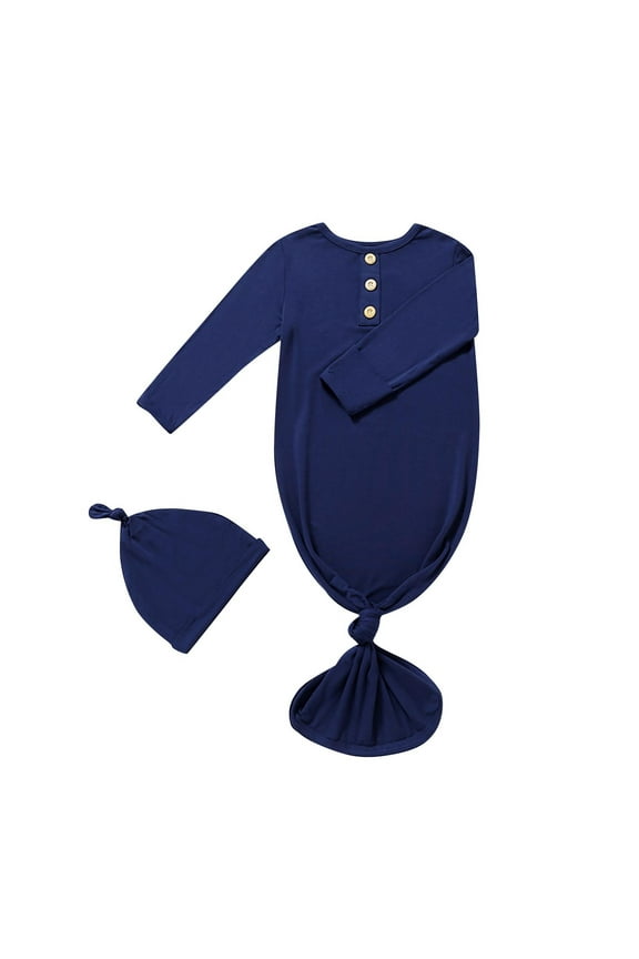 Baby Boys Girls Knotted Gown Hat Set Super Soft Sleeper Long Sleeve Sleep Gown Baby Clothes Newborn Baby Solid Color Cotton Jumpsuit Pajamas Hat Set Rompers Dark Blue