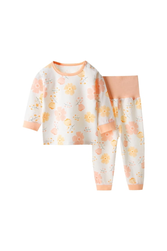 Baby Boys Girls Long Johns Cartoon Print Thermal Underwear Set Cotton Base Layer Set Winter Clothes Pajama Pants Set Long Sleeve Pajamas Sleeping Pants Home Clothes Orange