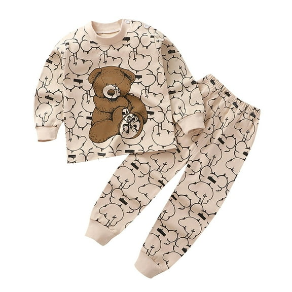 Odeerbi Baby Boys Girls Long Johns Cartoon Print Thermal Underwear Set Cotton Base Layer Set Winter Clothes Pajama Pants Set Long Sleeve Pajamas Sleeping Pants Home Clothes Beige