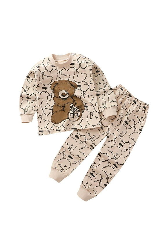 Baby Boys Girls Long Johns Cartoon Print Thermal Underwear Set Cotton Base Layer Set Winter Clothes Pajama Pants Set Long Sleeve Pajamas Sleeping Pants Home Clothes Beige