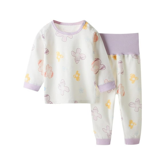 Odeerbi Baby Boys Girls Long Johns Cartoon Print Thermal Underwear Set Cotton Base Layer Set Winter Clothes Pajama Set Long Sleeve Pajamas Sleeping Pants Home Clothes Light Purple